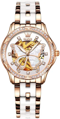 Vista 9 de OLEVS Relojes de oro rosa para mujer correa de acero inoxidable de cerámica reloj mecánico automático calendario de puntero luminoso impermeable