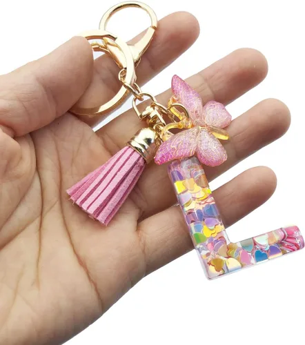 Vista 3 de Unpafcxddyig Moda A-Z Iniciales Letra Llavero Borla Mariposa Colgante para Monedero Mochila Bolsos Mujeres