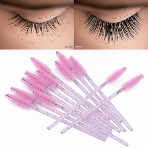 Vista 4 de Tbestmax 100 cepillos desechables para pestañas, varitas de rímel para extensión de pestañas de ojos, cejas y maquillaje, color rosa