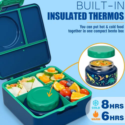 Vista 2 de Fimibuke Lonchera Bento para Niños y Adultos, Contenedor de Lonchera para Niños Pequeños de 3-4 Compartimentos 60OZ con Frasco de Comida Aislado a