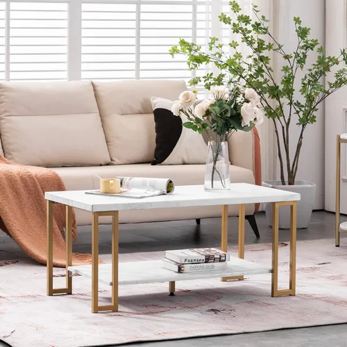 Vista 2 de Mesa de centro con estampado de mármol blanco con patas de metal dorado, mesa central de 2 niveles para sala de estar, mesa rectangular simple