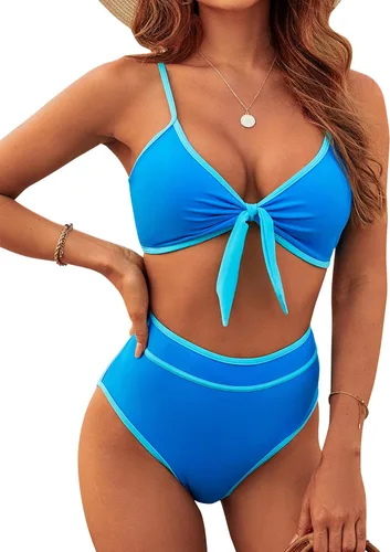 Vista 21 de Blooming Jelly - Conjunto de bikini de cintura alta para mujer, de dos piezas, con nudo, trajes de baño de talle alto Bandera americana A9