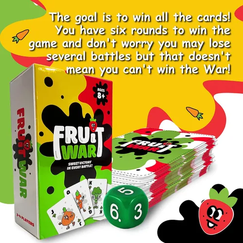 Vista 3 de Juegos Fruit War, un juego familiar que es un giro en el clásico juego de cartas de guerra, con juego más rápido, batallas intensas y personajes