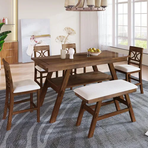 Vista 19 de Juego de mesa de comedor de madera de 6 piezas, juego de mesa de cocina con rectangular, juego de mesa de comedor con banco tapizado y 4 sillas