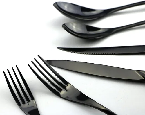 Vista 7 de Juego de cubiertos de acero inoxidable negro pulido con espejo, cuchillo de carne, tenedor, tenedor de ensalada, cuchara de postre, 24 piezas