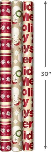 Vista 6 de Hallmark - Paquete de papel de regalo reversible de Navidad (3 rollos: 120 pies cuadrados en total) Felices fiestas, copos de nieve, muñecos