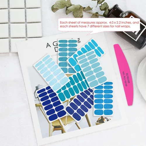 Vista 4 de 8 hojas de esmalte de uñas azules para mujer, calcomanías de esmalte de uñas de color sólido con purpurina para pegar en tiras de esmalte de uñas