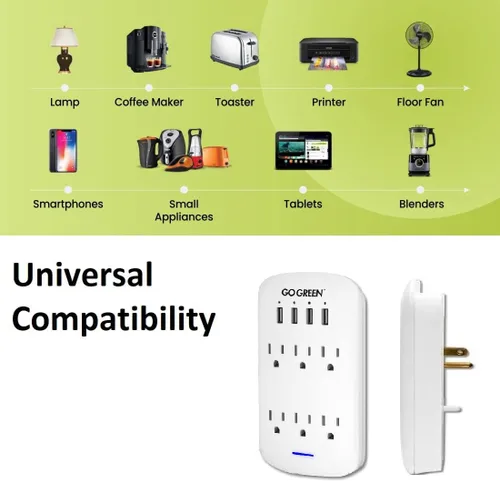 Vista 4 de GoGreen Power (GG-16000USB4) - Adaptador de enchufe de pared USB de 6 tomas de corriente de 2.4 amperios con puertos USB y protección contra