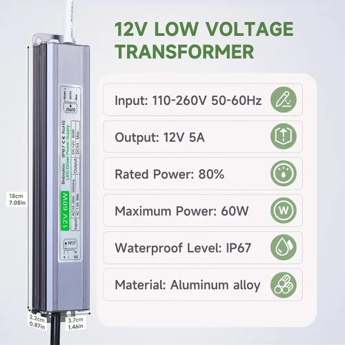 Vista 2 de Transformador LED impermeable IP67 de 12 V 60 W, fuente de alimentación de bajo voltaje con enchufe de 3 clavijas para cualquier luz LED al aire