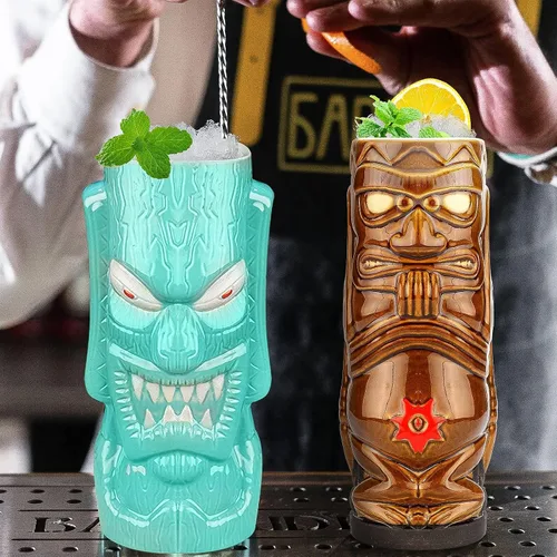 Vista 5 de SuproBarware Tiki - Juego de 4 tazas grandes de cerámica hawaiana para fiestas, cócteles, tazas tropicales de primera calidad, bonitas copas