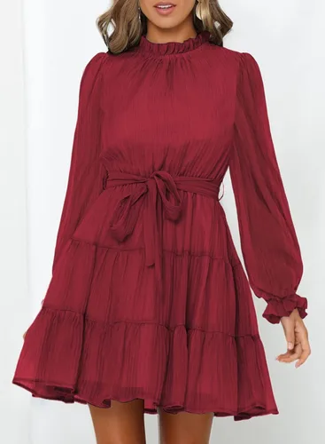 Vista 2 de FARYSAYS Vestidos de mujer 2023 de manga larga con volantes en la cintura, lazo casual escalonado, acampanado, mini vestido con vuelo
