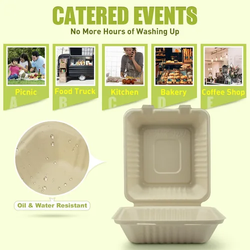 Vista 5 de Green Earth Caja de 50 unidades con 1 compartimento compostable de 8 pulgadas Fibra de bambú, cajas para llevar, tapa con bisagras, apta