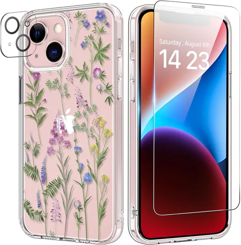 Vista 52 de bicol Funda para iPhone 14 Plus con Protector de Pantalla y Lente de Cámara - Diseños Florales de Moda para Mujeres y Niñas - Funda Transparente