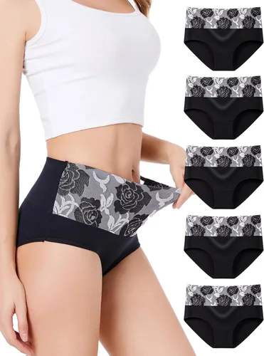 Vista 15 de HAVVIS Bragas Ropa Interior de Mujer de Algodón Cintura Alta Control Abdominal Panties Rosa Jacquard para Damas Multipack Calzoncillos 01 - Paquete