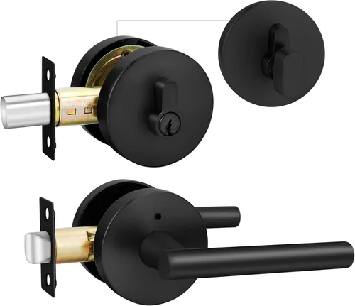 Vista 46 de Goldenwarm Juego de cerraduras negras para puerta exterior con cerrojo, aleación de zinc con llave igual con cerrojo de seguridad, manija de puerta