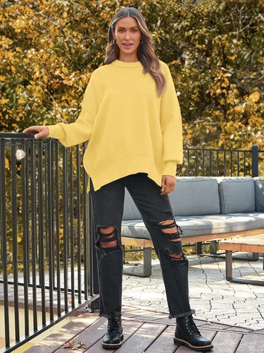 Vista 90 de Lillusory - Suéter extragrande con mangas de murciélago y cuello redondo para mujer, prenda moderna de otoño de tejido de punto sin botones