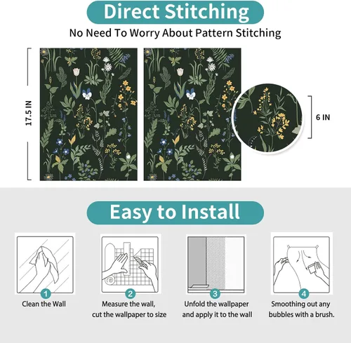 Vista 3 de Papel tapiz para despegar y pegar, papel tapiz floral bohemio de 17.5 x 78.7 pulgadas para dormitorio y baño, fácil de despegar, apto para inquilinos