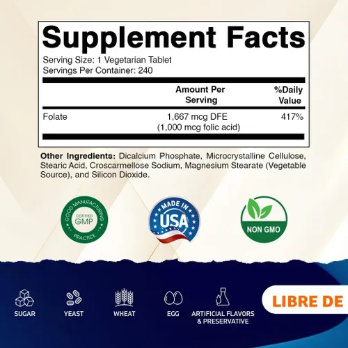 Vista 2 de Vitamatic Ácido fólico 1000 mcg (1 mg) - Tabletas vegetarianas - 1667 mcg DFE - Vitamina B9 (240 unidades (paquete de 1))