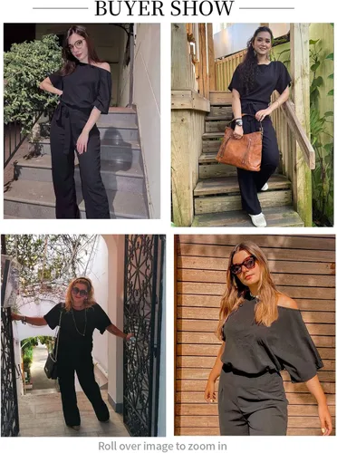 Vista 5 de Dokotoo Jumpsuits for Women Casual Loose Batwing Sleeve Dressy Crewneck Rompers Long Pants Belted Wide Leg Overall
