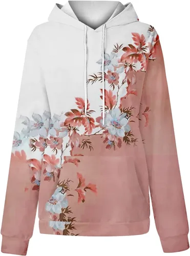 Vista 4 de Sudaderas con capucha para mujer, con estampado floral, de gran tamaño, manga larga, cordón para bolsillo