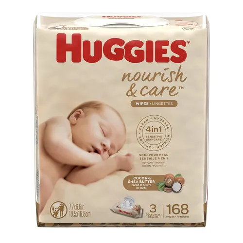 Vista 2 de Huggies Toallitas para bebé Nourish & Care, perfumadas, 3 paquetes abatibles (168 toallitas en total) 56 unidades (paquete de 3)