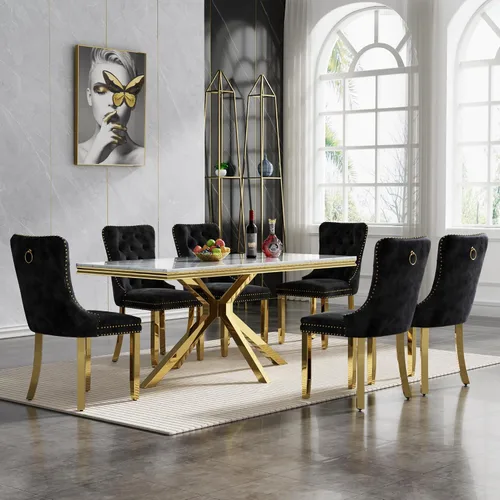Vista 54 de Juego de 5 mesas de comedor, juego de mesa de cocina y comedor para 4, mesa de cocina rectangular de mármol sintético blanco de 47 pulgadas con base