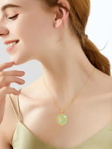 Vista 2 de HPQQ Jade Lotus Necklace for Women 14k Gold Plated Sterling Silver LotusSunflowerRoseMushroom Round Jade Jewelry Anniversary Birthday Gifts for