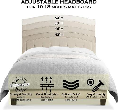 Vista 2 de Rosevera Jordana - Marco de cama de panel con cabecera ajustable con botones para dormitorio, tapizado de lino, soporte de listones de madera, fácil