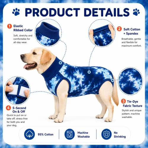 Vista 4 de Traje de recuperación transpirable para perros macho/hembra, mameluco de perro de tie dye azul para heridas abdominales, alternativa a cono y collar