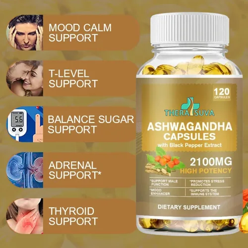 Vista 3 de TheraSuva Ashwagandha de potencia superior 2100 mg + extracto de pimienta negra 8 mg suplemento para alivio del estrés y apoyo inmunológico