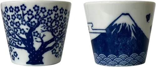 Vista 3 de Juego de 2 tazas de sake japonesas - Sakura y Monte Fuji Design, cerámica de color índigo, 3.9 onzas líquidas, para bebidas frías y calientes, taza