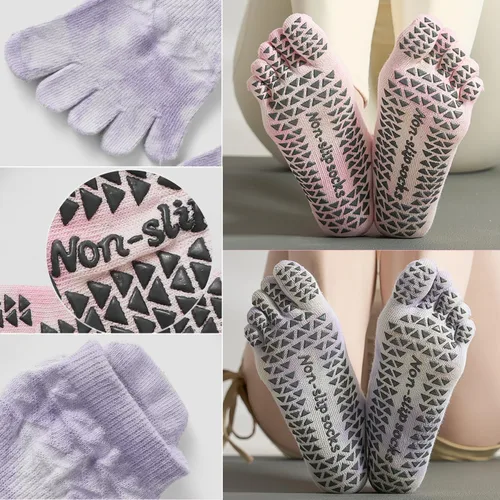 Vista 3 de CHUNFO Calcetines de agarre para mujer, calcetines de yoga para pilates, antideslizantes, teñido anudado, coloridos, de algodón, de compresión