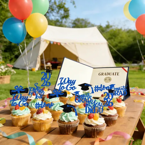 Vista 4 de Decoraciones de graduación 2026 azul, adornos para cupcakes de graduación 2026 azul y negro, suministros de decoración para cupcakes clase de 2026