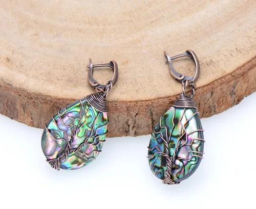 Vista 3 de Aretes de árbol de la vida de concha de abulón marino con alambre de cobre de bronce para mujer, cierre vintage