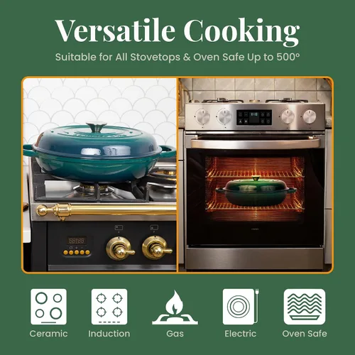 Vista 5 de Larder & Vine Brasera de Hierro Fundido Esmaltado Brasera de 3.6 qt con Tapa Horno Holandés Poco Profundo Compatible con Todas las Cocinas