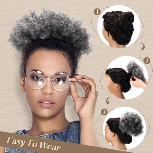 Vista 3 de WILLBOND 2 piezas de cola de caballo afro con cordón para mujer, pelo sintético corto y rizado, extensión de moño afro, extensiones de cabello Gris
