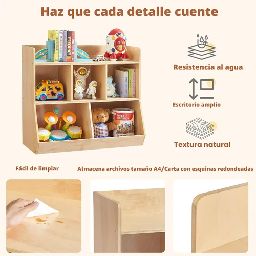 Vista 8 de Estante Montessori, organizador de almacenamiento de juguetes de madera contrachapada para libros, juguetes, estantería de 3 estantes, gabinete