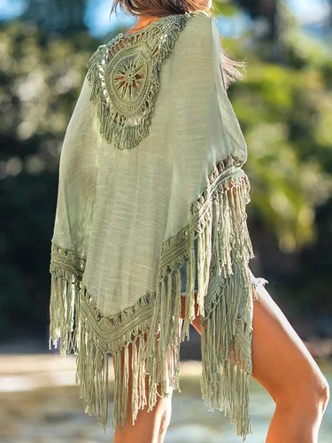 Vista 4 de CUPSHE Kimono largo con borlas para mujer, salida de baño para playa
