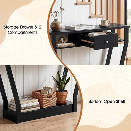 Vista 6 de BestComfort Mesa consola estrecha de 47 pulgadas con cajón, acento de entrada de madera de 3 niveles con estantes abiertos, mesa de sofá multiusos