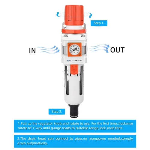 Vista 4 de NANPU 1/2 "NPT Embedded Gauge Compressed Air Filter/Regulador Piggyback Combo, Drenaje Automático, Elemento de Latón de 5 Micrones, Cuenco