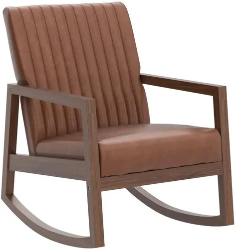 Vista 4 de CIMOTA Mecedora moderna de cuero de mediados de siglo, silla tapizada con brazo con asiento acolchado, marco de madera, cómoda mecedora para sala