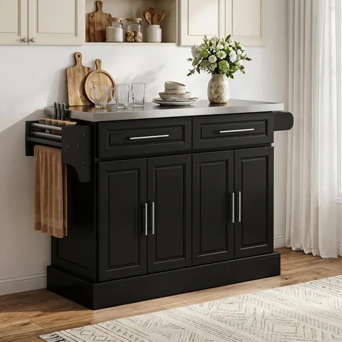 Vista 8 de HomCom Isla para cocina. Gabinete moderno con ruedas, con parte superior de acero inoxidable., Negro Mesa de isla portátil para cocina, ruedas