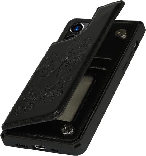 Vista 8 de iCoverCase Funda compatible con iPhone 12 Pro Max con tarjetero para mujer, bloqueo RFID en relieve de piel sintética con correa de muñeca de 6.7