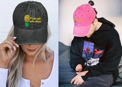 Vista 5 de Juega bien con otros sombreros de béisbol bordados al revés Gorra de béisbol de piña ajustable bordado de mezclilla