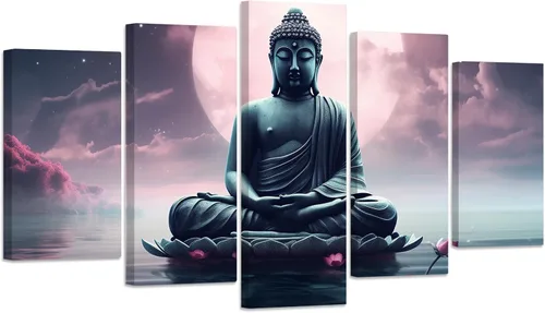 Vista 7 de ZXHYWYM Lienzo decorativo para pared, 5 piezas, estatua de Buda, pintura de loto, imágenes de loto, obras de arte de spa zen para oficina, 1