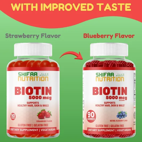 Vista 2 de SHIFAA NUTRITION Gomitas veganas de biotina para adultos y niños 90 gomitas 5000 mcg 45 porciones Sin OMG Sin gluten, gelatina, maní, huevo