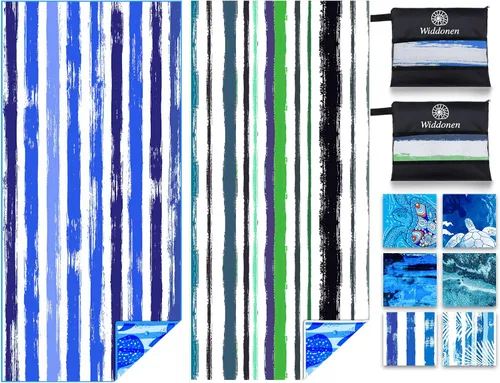Vista 10 de Widdonen Toalla de playa de microfibra, compacta, paquete de 2 unidades, 71 x 32 pulgadas con bolsa de viaje Paquete de 2 Blue Peank Dream World