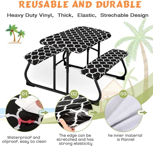 Vista 3 de Moukeren Funda de mesa de picnic de 3 piezas para niños con fundas de banco, mantel ajustable para exteriores, vinilo impermeable, para camping