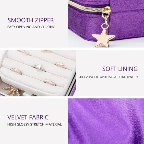 Vista 3 de V-LAFUYLIFE Organizador de joyas de viaje de terciopelo organizador de joyas portátil pequeño de 2 capas cajas de joyería para mujer organizador