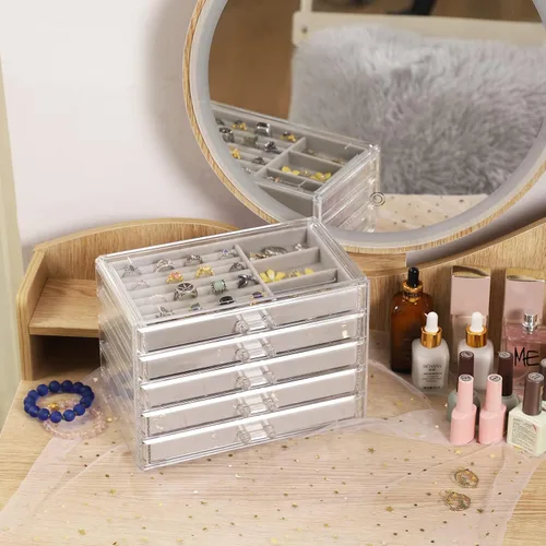 Vista 4 de Cq acrylic Organizador de joyas con 5 cajones caja de joyería de acrílico transparente regalo para mujeres hombres niños y niñas apilable